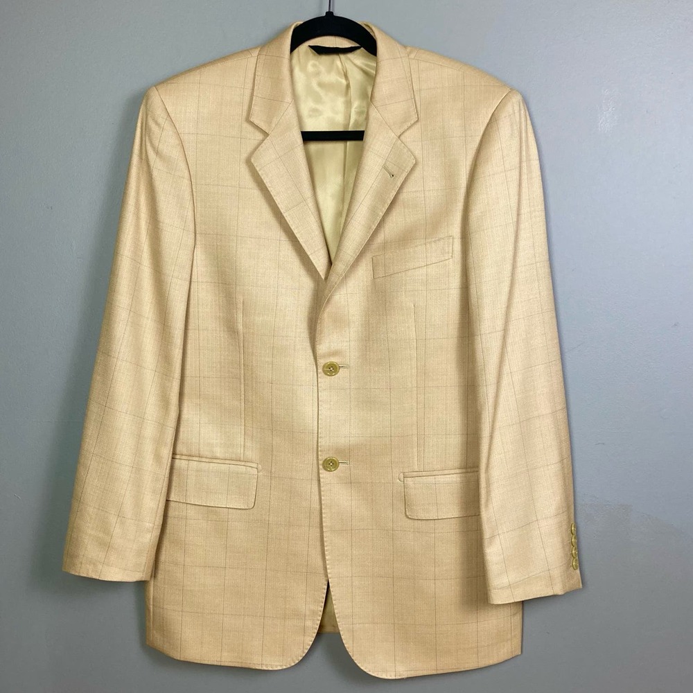 Baroni‎ Couture Sport Coat  Size 38R Tan Camel Plaid Wool Blazer light neutrals